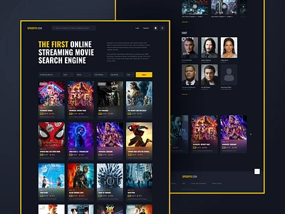 SpeedyTV. Streaming movie search engine redesign black cast dark design figma film layout movie poster redesign search series streaming tv ui ui design ux website website design yellow