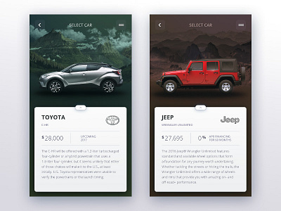Car selection stage iOS app app apple cards cars ios jeep toyota ui