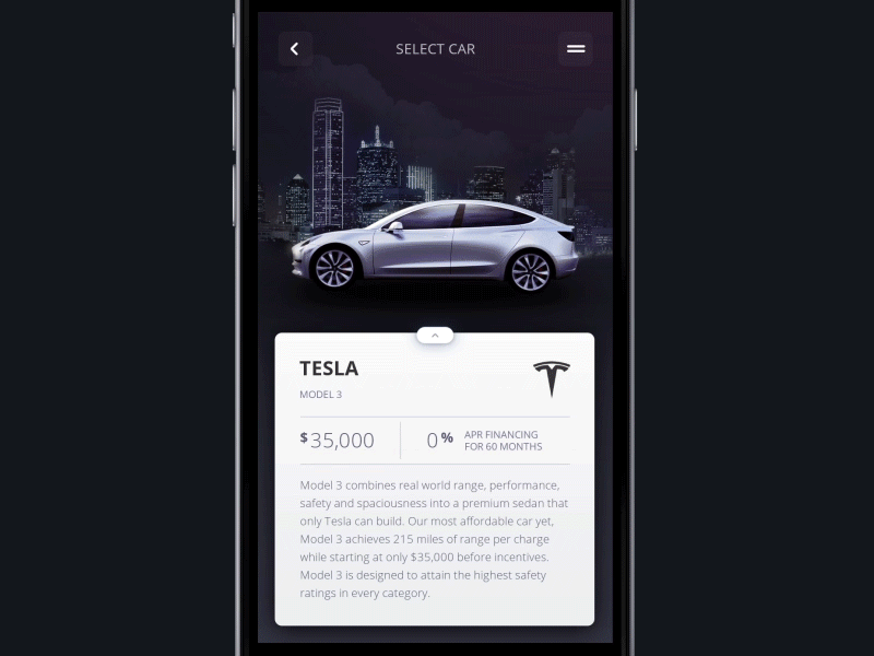 Car selection transition animation gif cards apple ios ui app jeep toyota cars