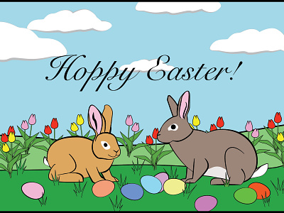 Hoppy Easter! bunnies children easter easter bunny easter eggs graphic design holiday card illustration rabbits tulips