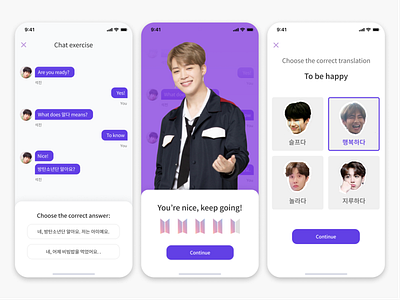 Learn Korean with BTS app bts colors design flat korean learning learning app minimal purple ui 방탄소년단