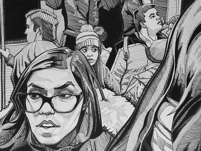 "Crowd" (2018) Excerpt black and white boston crowd dark drawing figure drawing figures fine art fine arts illustration inks metro people portrait public transport subway winter woman