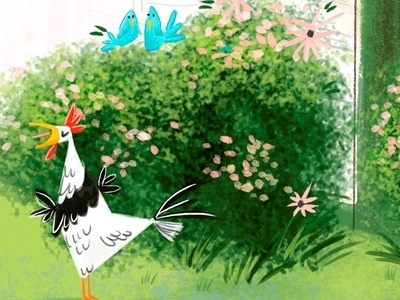 Pindre Cover Rev1 birds bush childrens art farm grass green illustration picturebook rooster