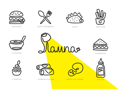 Food icons burger cake fork fries icons lamp line sandwich sauce soup steak taco