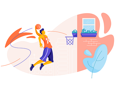 Basketball player ball basket basketball basketball player city flowers house line man movement street window