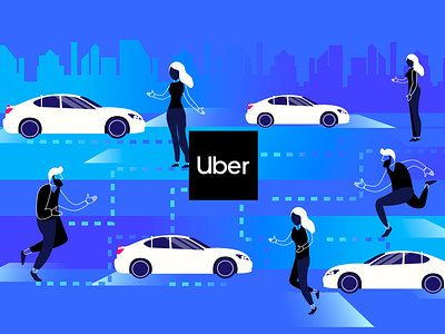 Uber blue car city dotted gradient man path people road running uber woman
