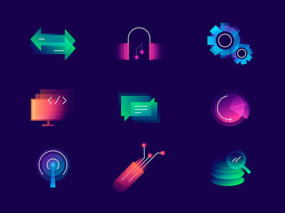 Technology icons arrows big data colorful development flash drive gears gradient graph headphones icons messages monitor music programming search wi-fi