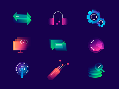 Technology icons arrows big data colorful development flash drive gears gradient graph headphones icons messages monitor music programming search wi fi