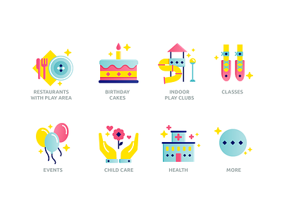 Icons for kids center site ballet baloon birthday cake child care classes club dance dot event fork hand health hospital love plate play restaraunt