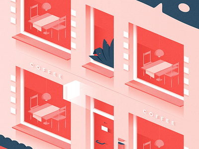 Coffee shop. Poster. 3d blue car character characterdesign flat flatdesign geometric gradients illustration isometric nature pink red shapes ui web