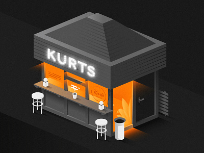 Local coffee cabin. 3d black contrast dark design flat geometric gradient grey house illustration isometric light neon orange vector