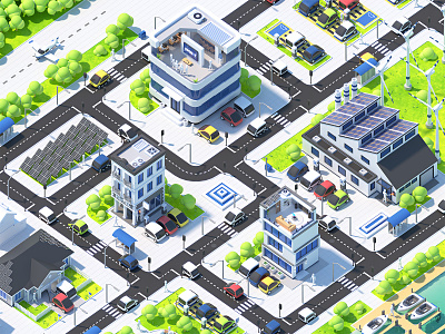 Isometric City for Eponet 3d building cartoon city clean corporate data design e-car electric energy illustration infographics isometric landing lowpoly map page polygonal ui