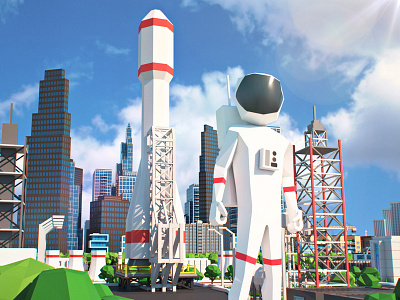 Astronaut. 3d astronaut building cartoon character city design illustration isometric lowpoly polygonal rocket rocket man space