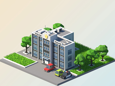 Low Poly Police 3d 3dsmax building car cartoon city illustration isometric low poly lowpoly poly art polyart polygon polygon art polygonal tile tree