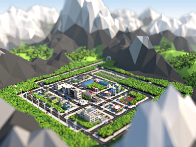 Low Poly City in the Mountains