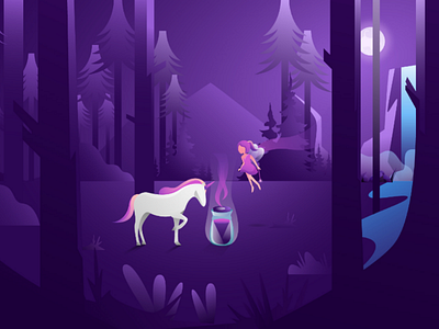 Unicorn with Fairy cbd dribbble fairy flat design illustration illustrator landing page landscape mountain design unicorn