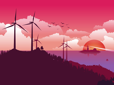 Wind Turbin Landscape afterboon art cloud flat flatdesign forest gfxmob illustration landscape mountain power sun sunrise sunset turbin vector