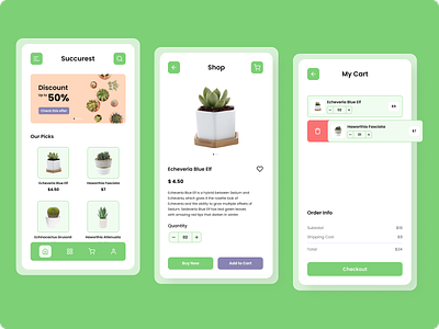 Succurest - Shopping App app application cart design ecommerce green mobile plant product shop shopping simple succulent ui ux