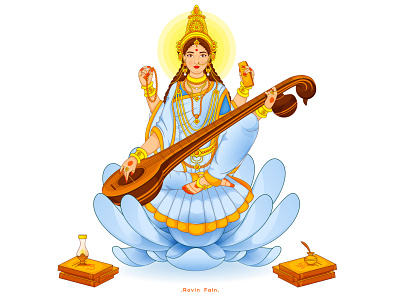 Hindu Goddess art basant panchami book character character design character illustration colorful colors illustration india indian indian goddess lotus music instrument saraswati vector