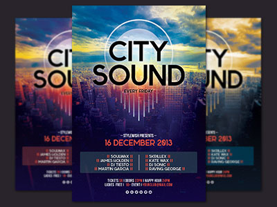 City Sound Flyer city cityscape clouds electro electronic flyerdesign metropolis panoramic party flyer skyline stylewish typographic