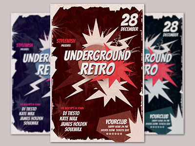 Underground Retro Flyer brown electro flyer party flyer pop art poster poster design retro stylewish template underground vintage