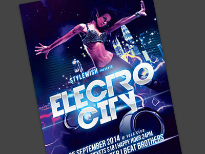 Electro City Flyer Template blue city dark electrified electro electronic graphicriver lighting lightning night psd template