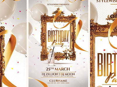 Birthday Party Flyer anniversary balloon birthday confetti creativemarket design download frame golden poster template white
