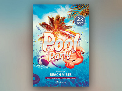 Pool Party Flyer design download flyer flyer design graphicriver light ocean palms photoshop photoshop art poster psd sea splash splashing summer template water