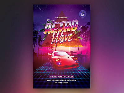 Retro Wave Flyer design download flyer graphic design graphicriver photoshop poster psd purple retro retrowave synthwave synthwave flyer template