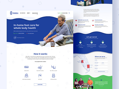 In-home Foot Care Service for Seniors blue clean feet foot healthcare hero homepage insurance layout minimal seniors service typography ui ui design ux waves wavey web design website
