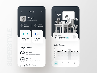 Selling Statics app black bold dashboard design figma graph illustration inspiration ios minimal mobile app pattern payment stats typography ui ux white wstyle
