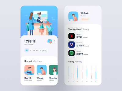 Profile & Transactions UI app avatars banking banking app cards design flat icon iconspace illustration inspiration mobile app profile sebo ui ui8 ux wallet app workplace wstyle