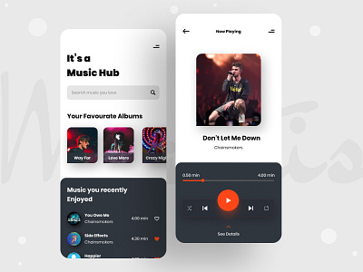 "Music Hub" App Design android app app design colour concert ios minimal mobile app music app music band music hub music player app music player ui typography ui uiux ux