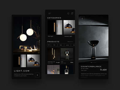 Mobile Lihgt App Design Concept | #DailyUI app black dark design ecommerce elegant inspiration lamps light luxury modern shop typography ui