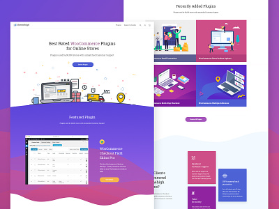 Landing Page for a Plugin Store brand branding clean color concept design gradient home page illustration logo minimal plugin store plugins purple responsive typography ui ux web woocommerce
