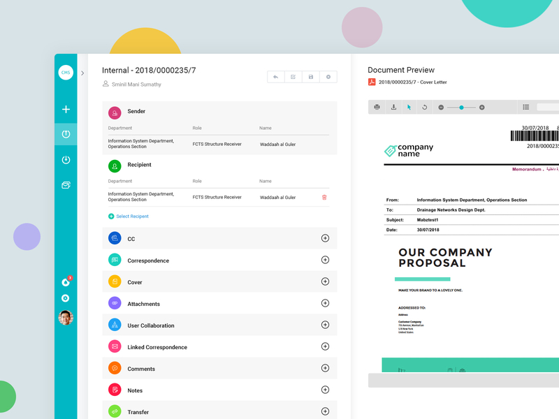 Correspondence Management Page blue clean color correspondence design document enterprise software green icon minimal simple typography ui ux website