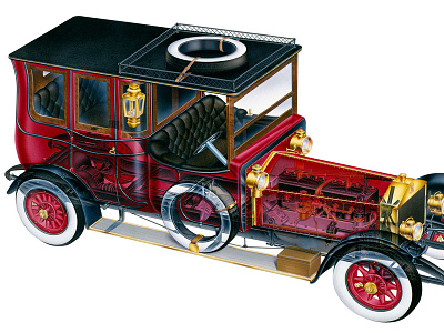 Rolls Royce Silver Ghost automobile car cutaway technical illustration technical illustrator