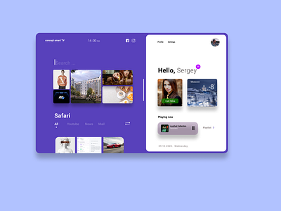 Concept smart TV app browser design future interfaces menu profile search bar setting tv app ui ux