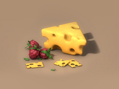Cheese with raspberries 3d 3dmodel cheese cheese3d cinema4d design modeling render voxel voxels