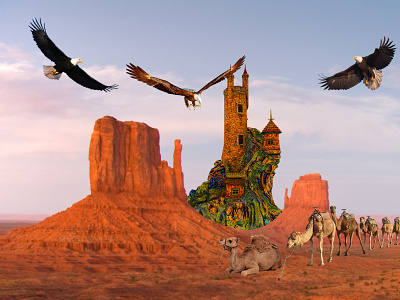 Matte Painting made by me camels canyon desert digital art eagles house matte painting