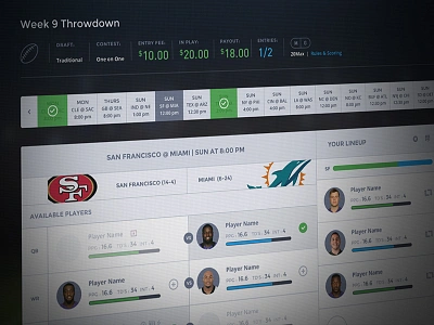 Phins vs. Niners app dashboard fantasy sports football form nfl perspective platform screenshot ui ux