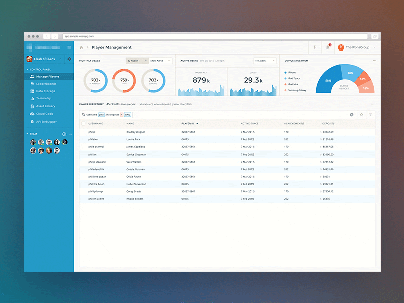 Player Management Analytics admin analytics app chart clean dashboard data graphs interface product ui ux