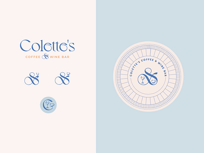 Colette's Coffee & Wine Bar Coffee Logo blue branding coffee icon logo mark typography wine