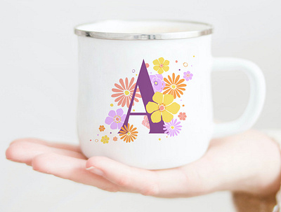 Floral Monogram "A" Mug a cup floral flower flowers illustration monogram mug orange procreate purple yellow