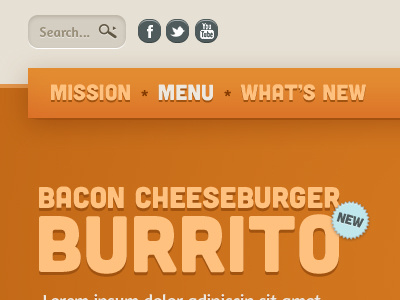 Mmmm burrito banner header links nav orange search social web design