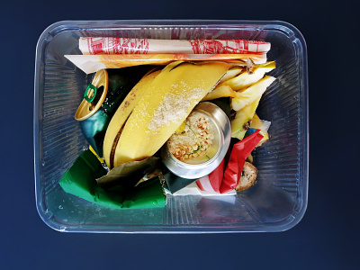Plastic box food waste leftovers garbage ensemble collage container dirty ensemble environment package peel peelings product recycle recycling trash used