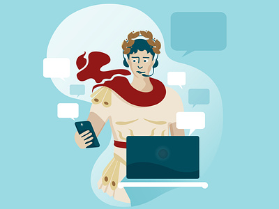 Caesar with messengers, mobile phone laptop illustration laptop management manager messengers mobile multitasking phone remote scattered attention vector
