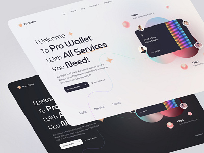 Pro Wallet . Landing Page bitcoin blockchain card crypto dark design financial landing landing page light pay payment paypal ui ui design user interface wallet web web design website