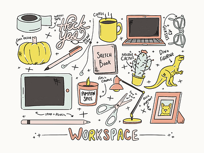 Workspace desk doodle illustration office space procreate procreate art