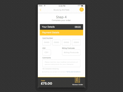 Review your order - Prototype animation app booking checkout interaction mobile principle prototype receipt ui ux yellow